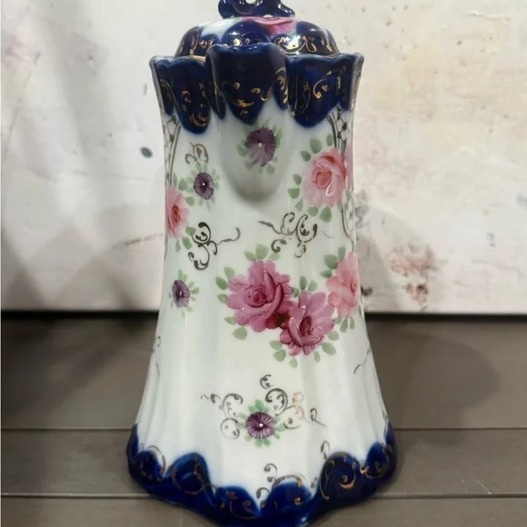 Antique Vintage Chocolate Pot Cobalt Blue Floral Porcelain Pristine Unmarked - Picture 3 of 5